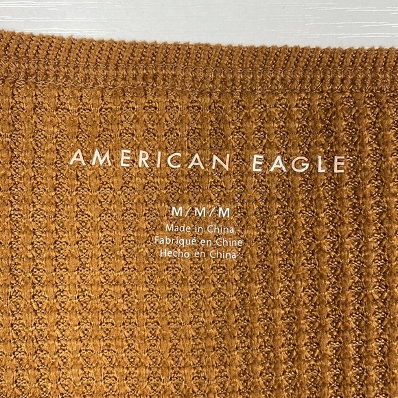 American Eagle Thermal Waffle Knit Oversized Slouchy V-Neck Shirt Brown Medium - Picture 6 of 7